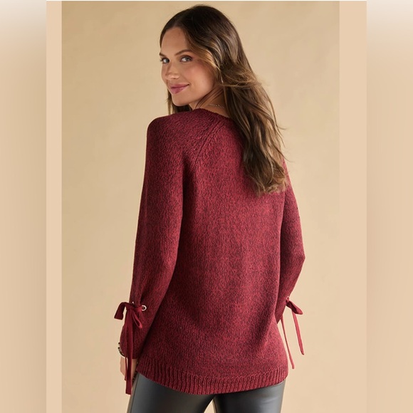 New Francesca’s Galilea Lace Up Pullover Burgundy Sweater With Ribbon Detail - Picture 3 of 5